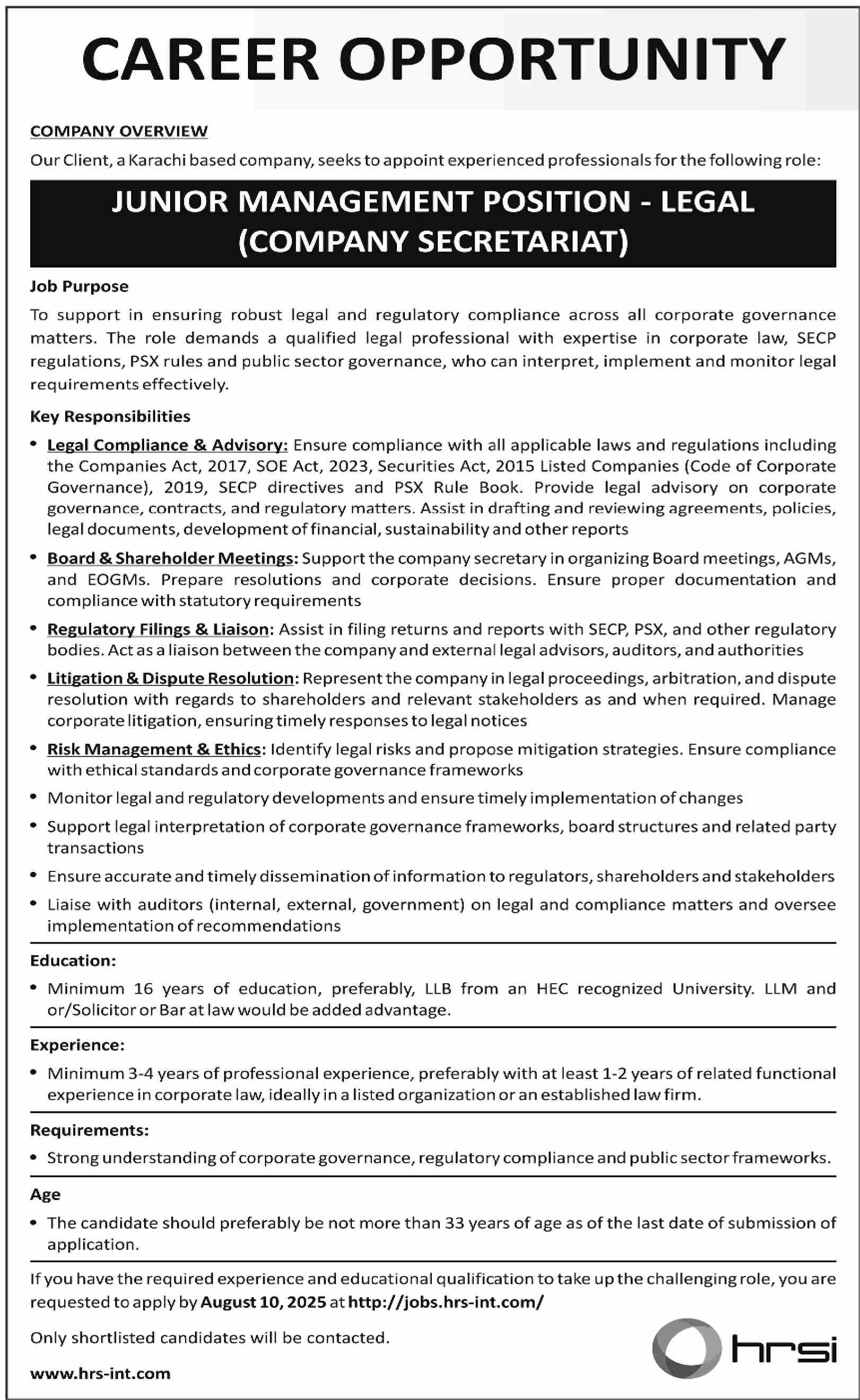 Jobs in HRSI Karachi